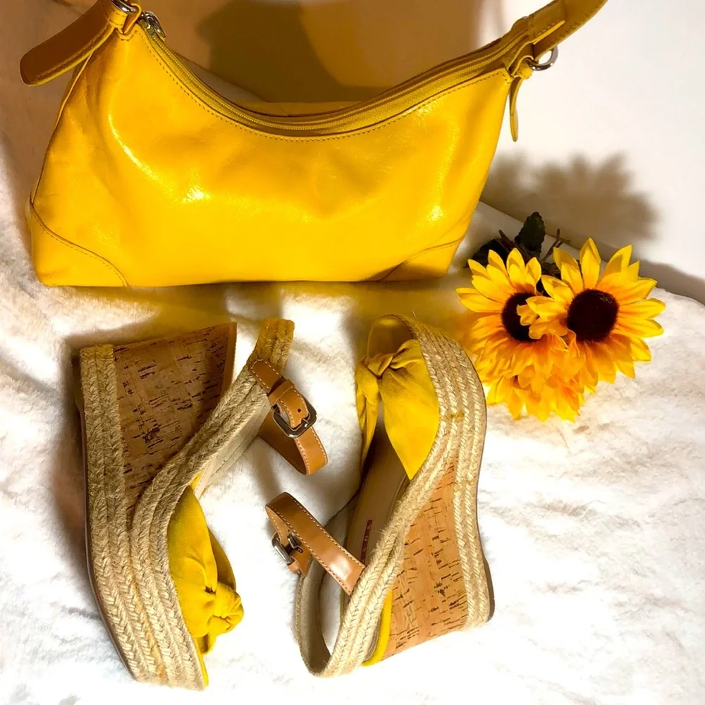 PRADA Suede Wedges & Matching Leather Purse in Sunny Butter Yellow